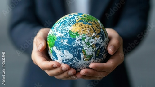 Hands holding a globe covered in oil and smog, representing the global environmental impact of fossil fuels