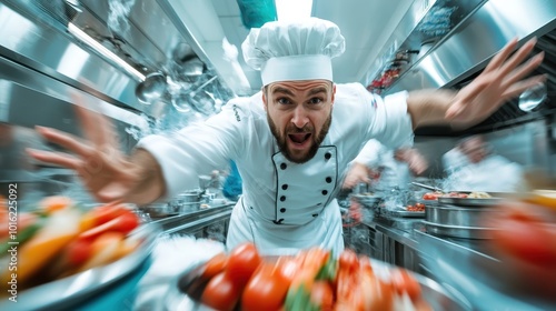 In a bustling kitchen, a chef is energetically moving amid steaming pots and vibrant vegetables, fully immersed in the frenzied yet artistic process of cooking. photo