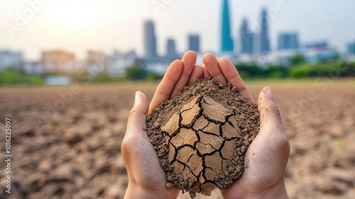 Hands holding cracked soil, symbolizing drought and environmental issues in an urban setting.