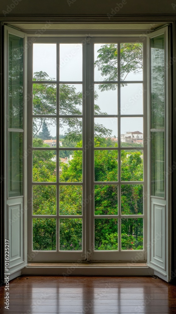 Fototapeta premium Large windows reveal a moody, overcast vista filled with densely leafed trees and a grey sky, creating a serene, introspective atmosphere characteristic of dark academia
