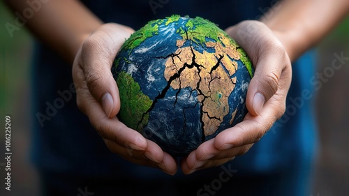 Hands holding Earth with cracks and crumbling pieces, visualizing the fragile state of the environment