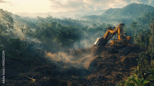 Industrial machines tearing into a forest, visualizing deforestation and the environmental cost of development