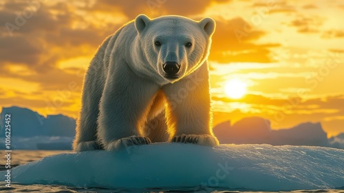 Majestic polar bear standing on an ice floe during a stunning sunset, showcasing the beauty of the Arctic environment.