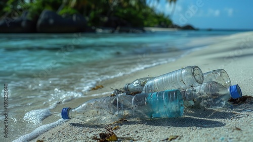 Plastic bottles washed ashore on a sandy beach, highlighting environmental pollution and marine debris in a tropical setting.