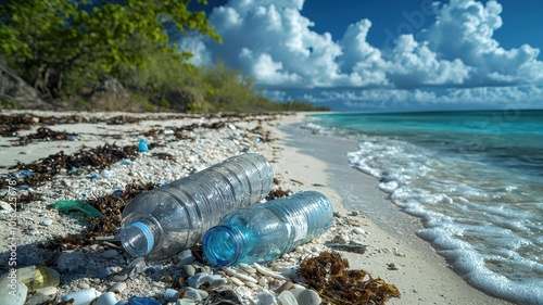 Plastic bottles and trash washed up on a pristine beach, symbolizing the human impact on natural environments