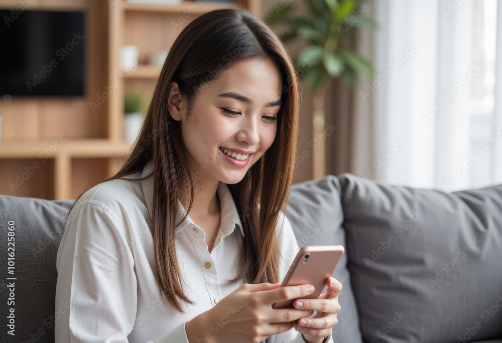 Smiling woman using smartphone while sitting on a sofa in a cozy living room. Smiling woman using smartphone while sitting on a sofa in a cozy living room.