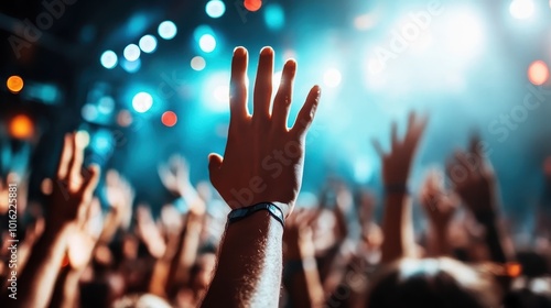 A lone arm reaches into the air from amidst a throng at an electrifying concert, bathed in blue and white lights, symbolizing freedom and expression. photo