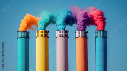 Smokestacks releasing vibrant colored smoke into clear skies, symbolizing pollution and environmental awareness