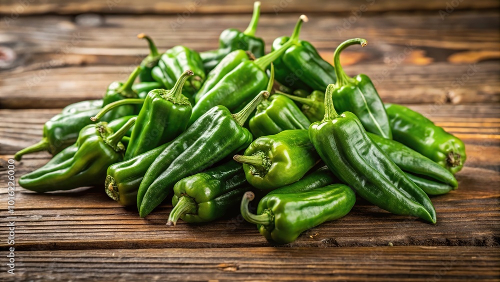 Green Padron peppers on wooden table Green Padron peppers on wooden table