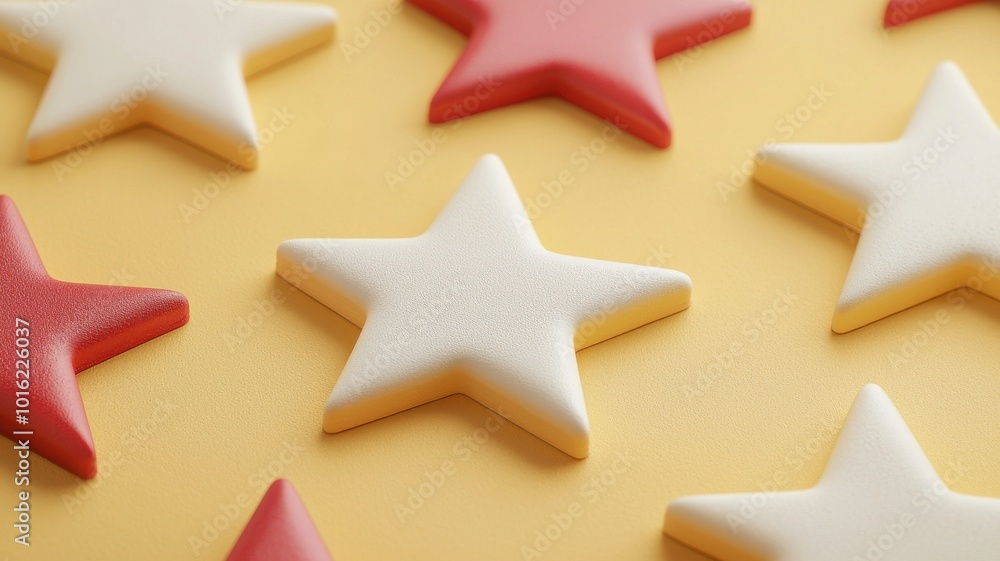 Colorful star-shaped cookies in red and white on a yellow background, perfect for celebrations or festive occasions. Colorful star-shaped cookies in red and white on a yellow background, perfect for celebrations or festive occasions.