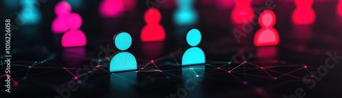 A digital illustration of stylized figures representing users, connected by lines in a vibrant, glowing environment, symbolizing online networks and social connections. photo