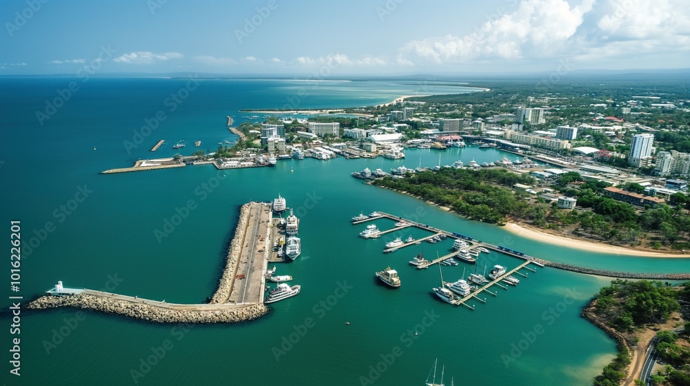 Obraz premium Aerial view of harbor with numerous boats in turquoise water. Cityscape in background with buildings, roads, tall structure and bridge. Clear blue sky with scattered clouds.