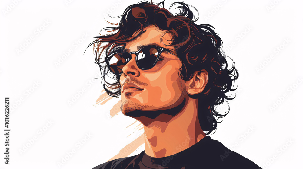 Contemporary vector illustration of a male model with curly hair and sunglasses, set against a white background, suitable for avatar creation Contemporary vector illustration of a male model with curly hair and sunglasses, set against a white background, suitable for avatar creation