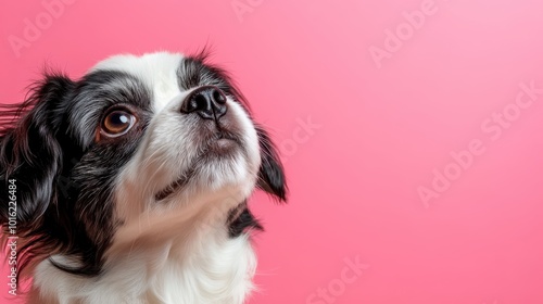 A small dog with black and white fur gazes upward, set against a pink background, capturing a moment of curiosity and tranquility in a charming portrait. photo