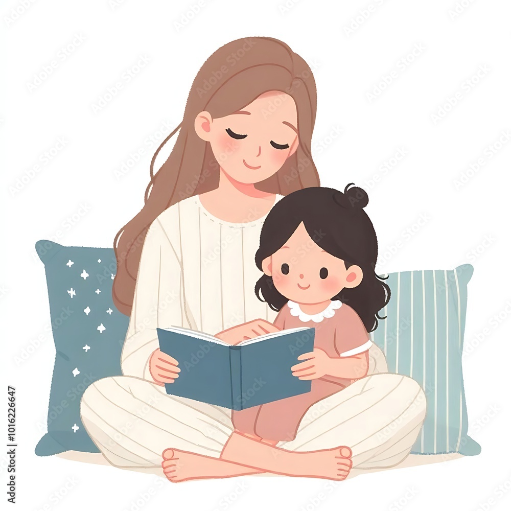 A mother sitting on the bed, reading a bedtime story to her child in flat design style. Cozy family moment, perfect for parenting and childhood-related content. White background. A mother sitting on the bed, reading a bedtime story to her child in flat design style. Cozy family moment, perfect for parenting and childhood-related content. White background.