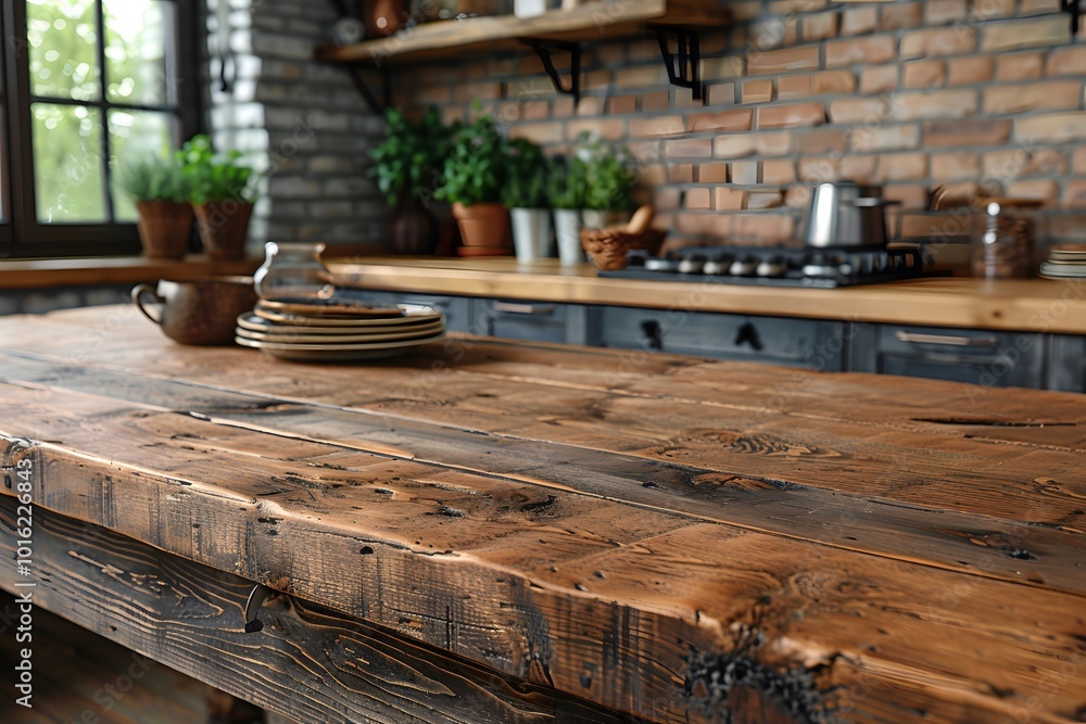 Rustic Wooden Kitchen Interior with Exposed Brick and Natural Greenery Rustic Wooden Kitchen Interior with Exposed Brick and Natural Greenery