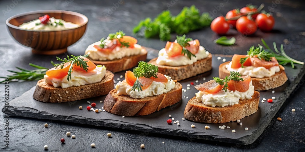 Savory Canapes with Creamy Spread, Topped with Slices of Smoked Salmon and a Garnish of Fresh Herbs, Served on a Slate Plate Savory Canapes with Creamy Spread, Topped with Slices of Smoked Salmon and a Garnish of Fresh Herbs, Served on a Slate Plate