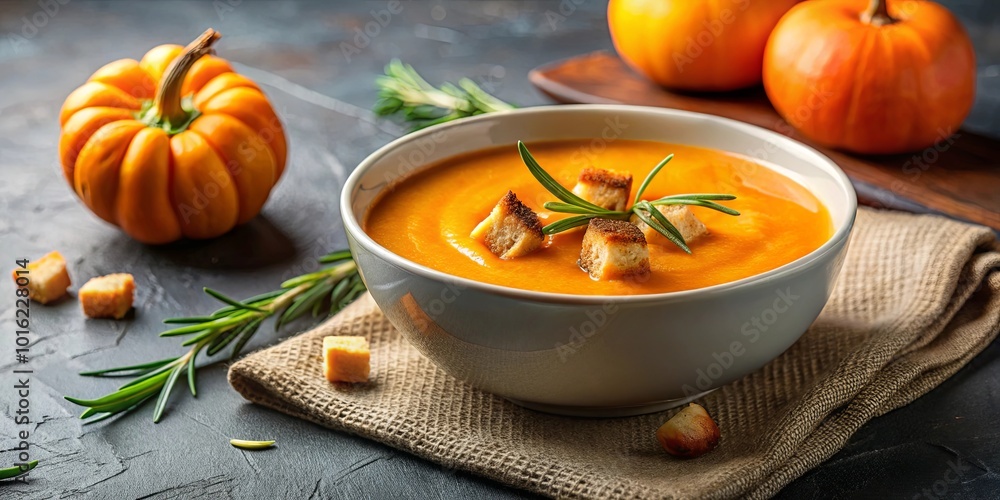 A bowl of creamy orange soup garnished with rosemary and croutons, accompanied by whole pumpkins and rustic elements on a dark surface. A bowl of creamy orange soup garnished with rosemary and croutons, accompanied by whole pumpkins and rustic elements on a dark surface.