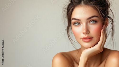 Wallpaper Mural stunning female face on a banner, showcasing delicate features and captivating beauty. The image highlights femininity, elegance, and confidence, symbolizing allure and empowerment Torontodigital.ca