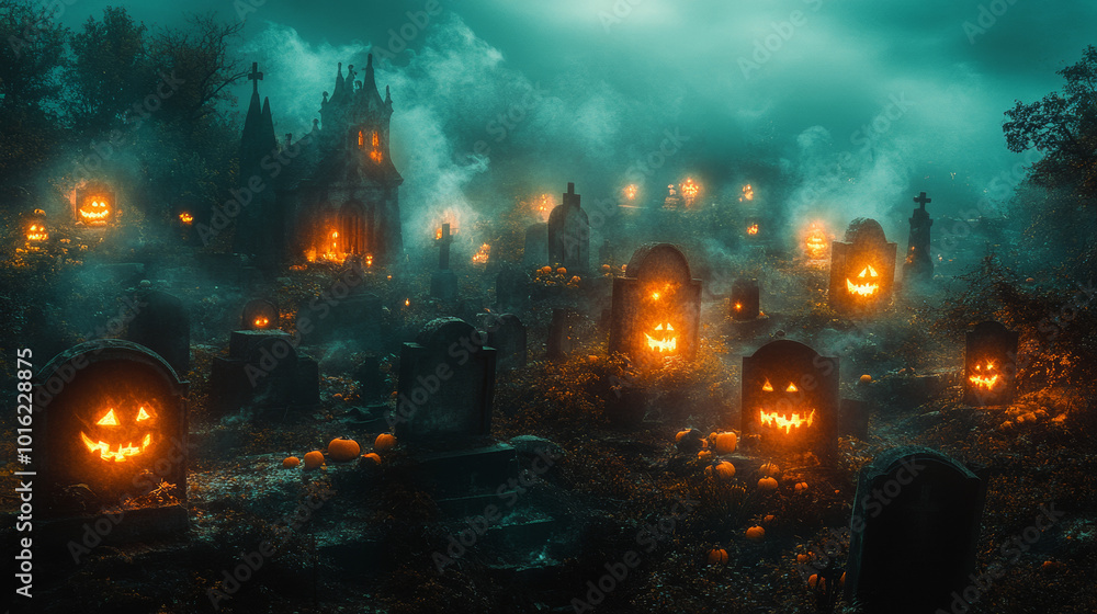A spooky graveyard with jack-o'-lantern faces glowing in the fog. A spooky graveyard with jack-o'-lantern faces glowing in the fog.