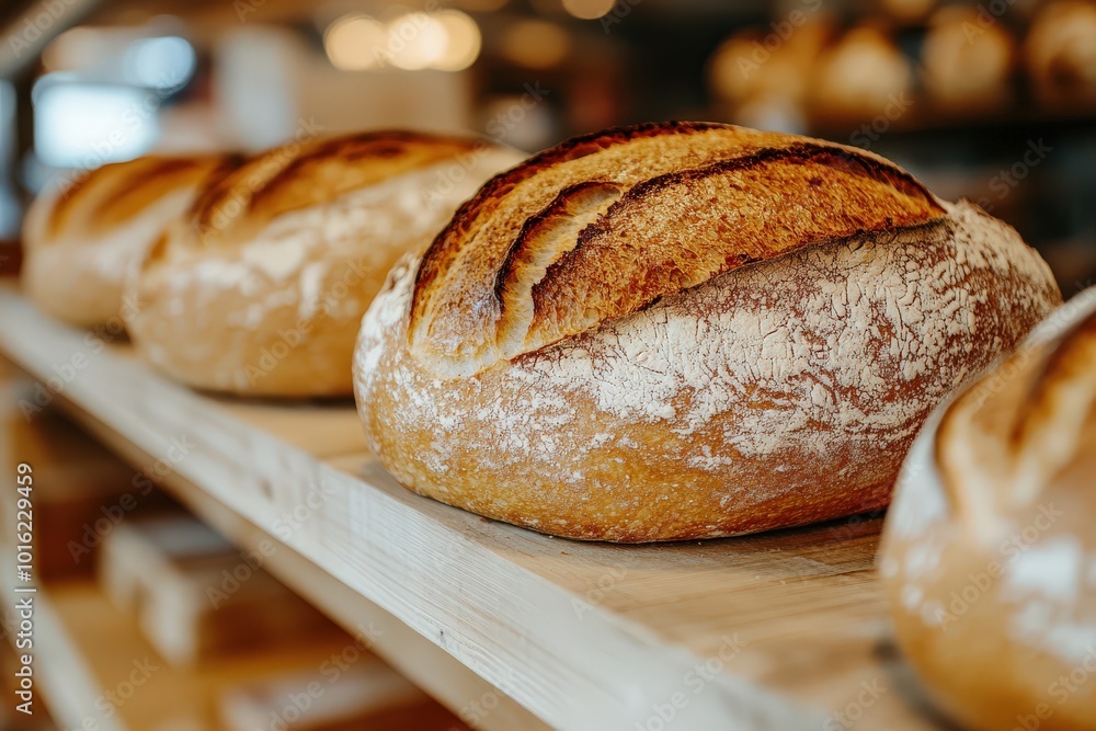 Bakery Goods. Closeup of Sourdough Bread with Crispy Crust on Wooden Shelf Bakery Goods. Closeup of Sourdough Bread with Crispy Crust on Wooden Shelf