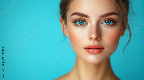 stunning female face on a banner, showcasing delicate features and captivating beauty. The image highlights femininity, elegance, and confidence, symbolizing allure and empowerment