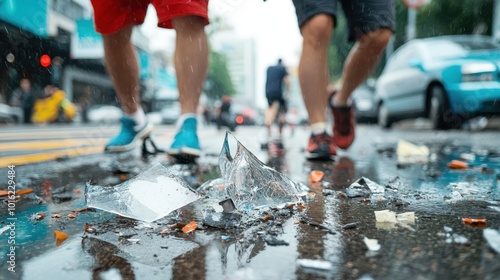 Pedestrians walk past a street littered with glass shards and debris, reflecting a recent accident or event, amidst an urban backdrop of cars and buildings. photo