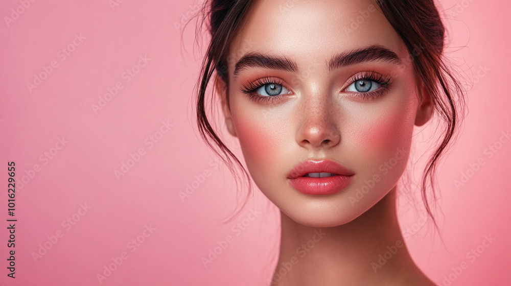 stunning female face on a banner, showcasing delicate features and captivating beauty. The image highlights femininity, elegance, and confidence, symbolizing allure and empowerment stunning female face on a banner, showcasing delicate features and captivating beauty. The image highlights femininity, elegance, and confidence, symbolizing allure and empowerment