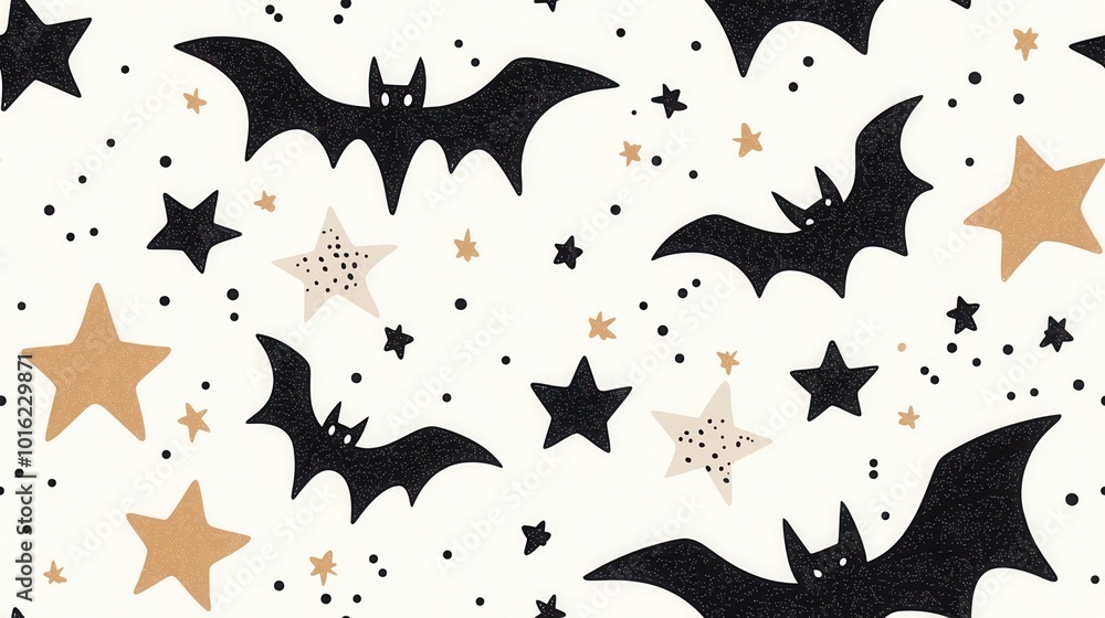 Fototapeta premium Minimalist bats and stars with geometric patterns, soft color scheme