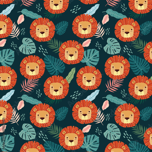 Photography Cute lion doodle seamless pattern of funny safari animals on isolated background