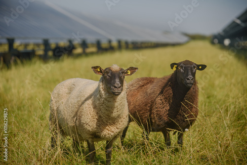 Two sheep stand in a pasture with solar panels in the background, the animals graze under the solar panels. Agrivoltaics concept that involves the shared use of land for solar parks and sheep grazing. photo