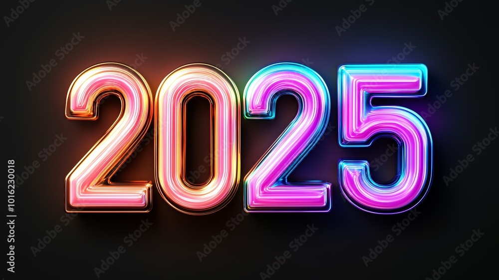 Bright neon 2025 numbers illuminated against a dark background, showcasing vibrant colors that create a festive and celebratory atmosphere for the upcoming year Bright neon 2025 numbers illuminated against a dark background, showcasing vibrant colors that create a festive and celebratory atmosphere for the upcoming year