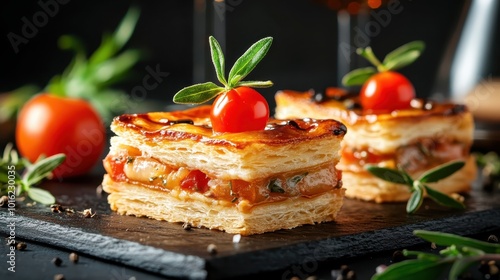 A mouthwatering layered pastry topped with a cherry, surrounded by herbs and spices for a perfect gourmet presentation, capturing a moment of culinary delight. photo