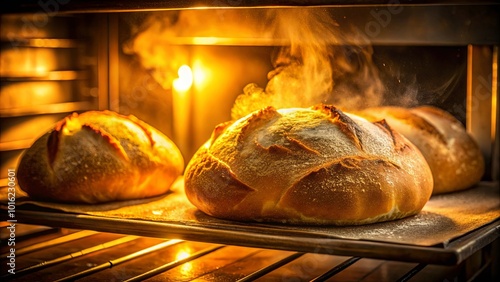 Golden Loaves Emerging from the Oven, Steam Rising in a Dance of Heat and Flour