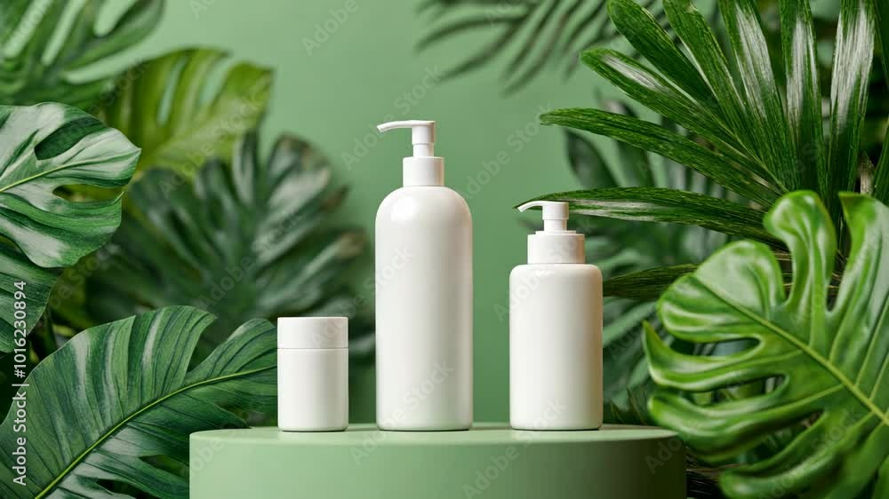 Three white bottles of lotion sit on a green platform surrounded by lush green leaves Three white bottles of lotion sit on a green platform surrounded by lush green leaves