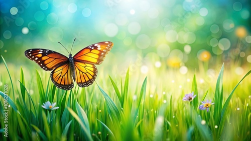 A Monarch Butterfly in a Field of Lush Green Grass with a Soft, Sunny Bokeh Background