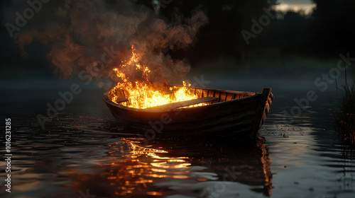 In the dark, an old wooden boat is ablaze, reflecting shimmering flames on the calm water, presenting a striking and powerful visual scene of destruction.