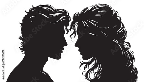 Man and woman silhouette face to face vector illustration black and white art