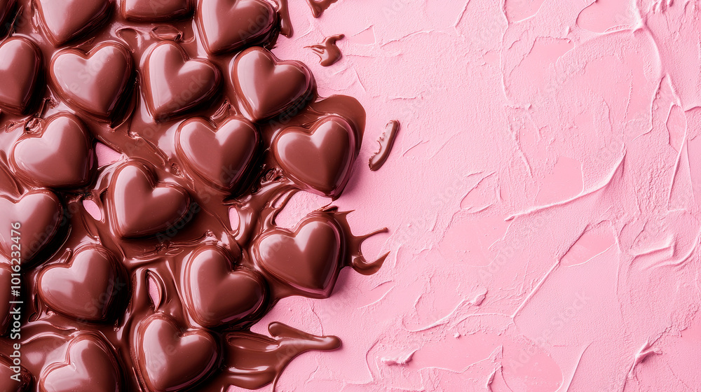 Fototapeta premium Chocolate heart shaped candies melting on a pink textured stone background. St. Valentines day background.