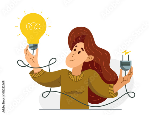 Idea needs resources to be realized embodied in life, vector illustration of a young woman with a light bulb and plug for electrify it.