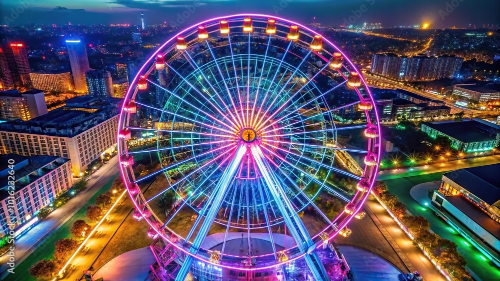 Modern ferris wheel illuminated by neon lights at night aerial view Modern ferris wheel illuminated by neon lights at night aerial view
