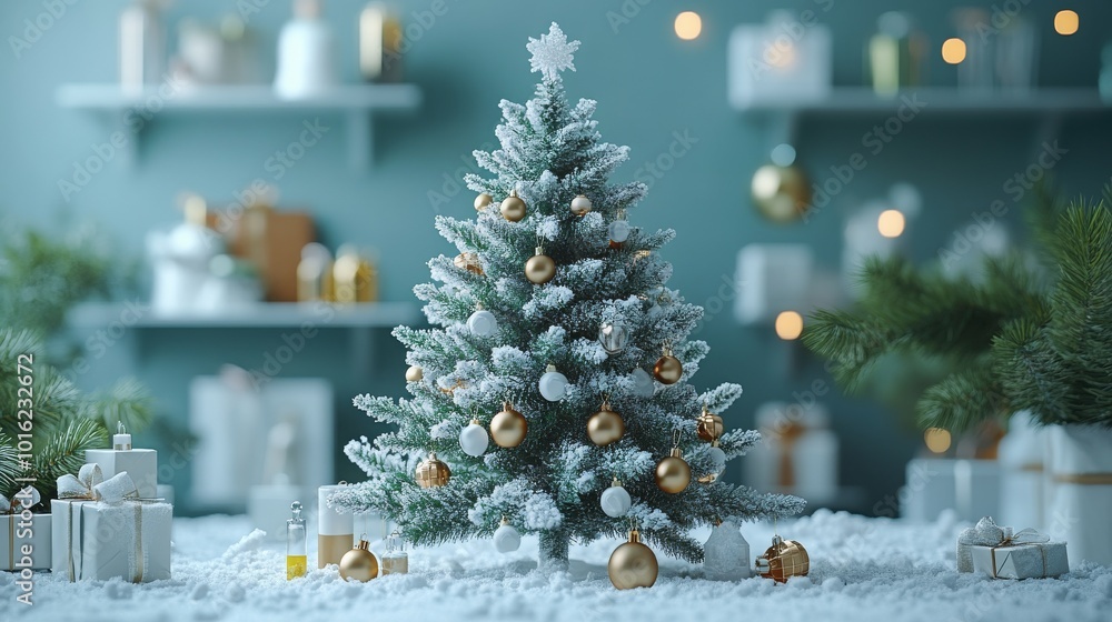 Minimalistic geometric Christmas tree adorned with golden ornaments and surrounded by presents Minimalistic geometric Christmas tree adorned with golden ornaments and surrounded by presents