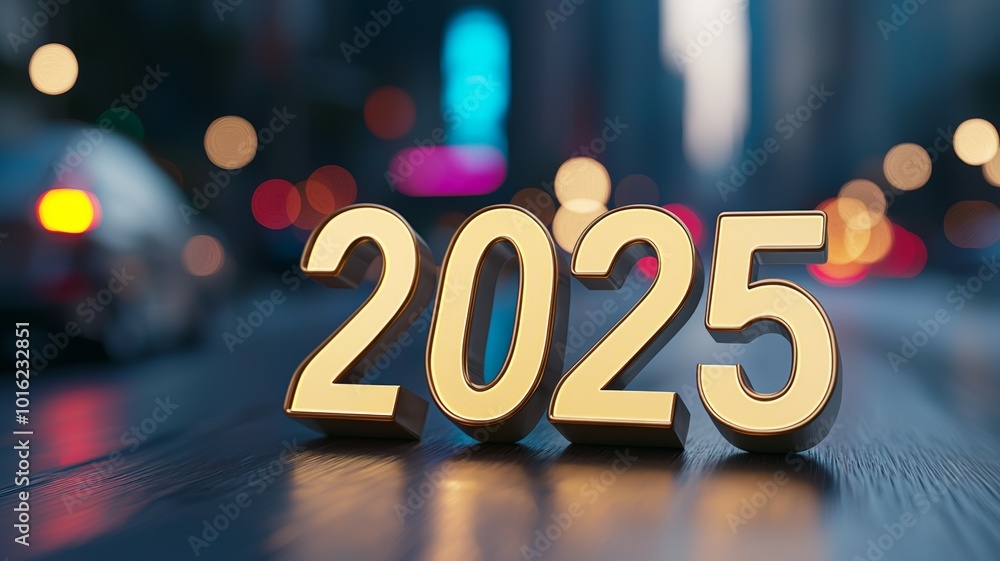 Golden numbers representing the year 2025 against a blurred city background during twilight, symbolizing the arrival of a new year and fresh beginnings Golden numbers representing the year 2025 against a blurred city background during twilight, symbolizing the arrival of a new year and fresh beginnings