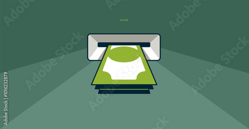 Money stack from ATM concept poster, dollars stack withdrawal vector icon style illustration, withdraw money from bank credit card easily.