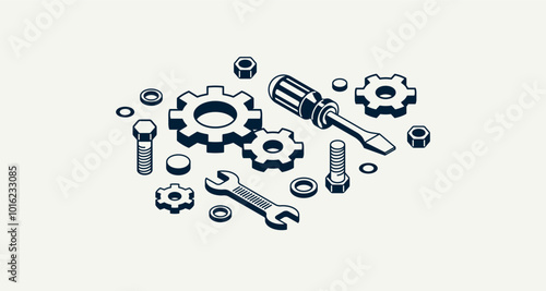 Repair and maintenance concept, technics service, gears and tools in 3D isometric projection vector illustration, technical mechanical workshop.