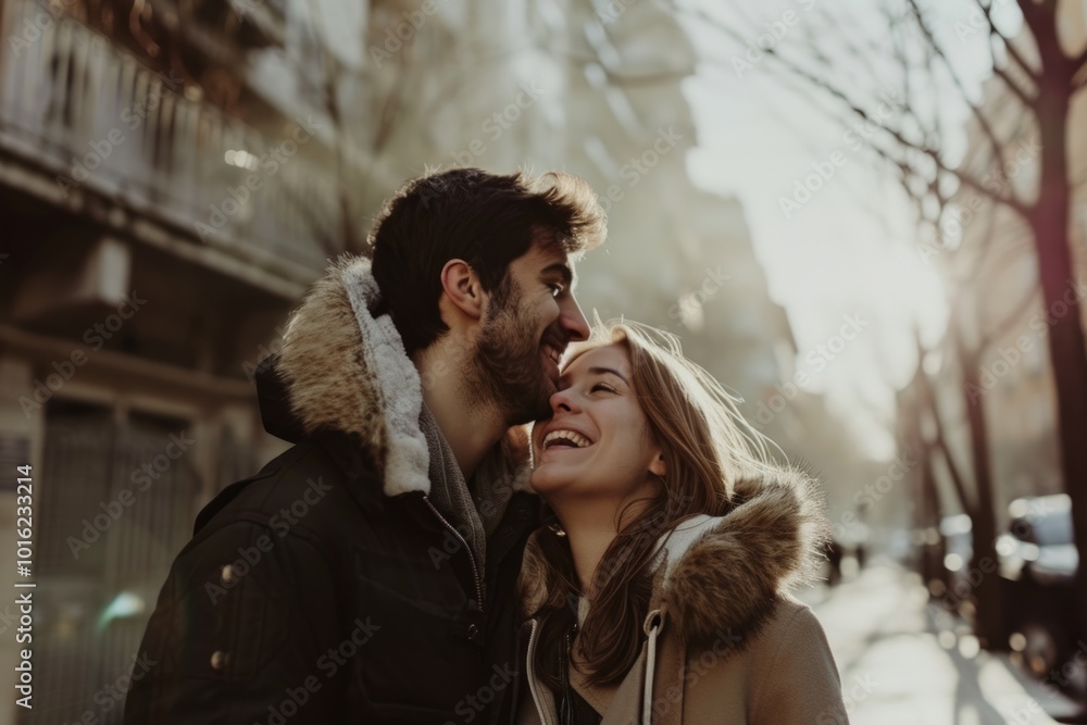 Young couple in love kissing on the street in the city. Love concept. Young couple in love kissing on the street in the city. Love concept.