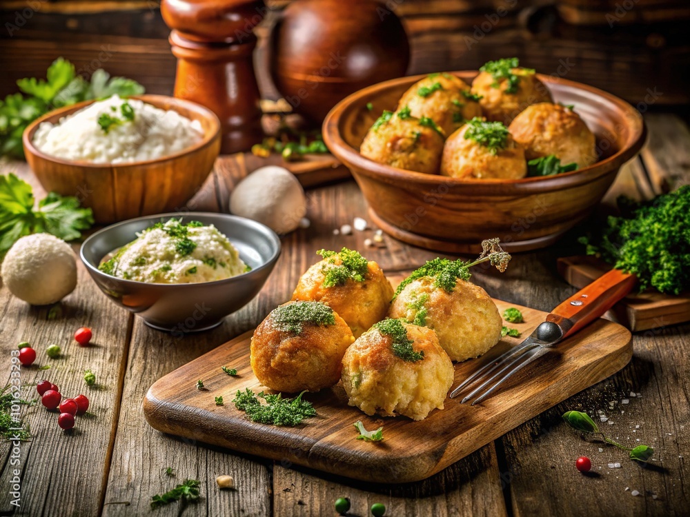 Delicious Wiener Topfenknödel on a Rustic Wooden Table with Fresh Ingredients for Authentic Taste Delicious Wiener Topfenknödel on a Rustic Wooden Table with Fresh Ingredients for Authentic Taste