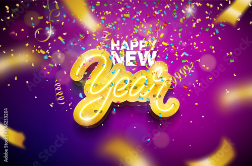 2025 Happy New Year Illustration with 3d Glowing Neon Light Billboard Typography Lettering, Falling Confetti and Serpentine on Purple and Blue Background. Holiday Design for Party Flyer, Celebration