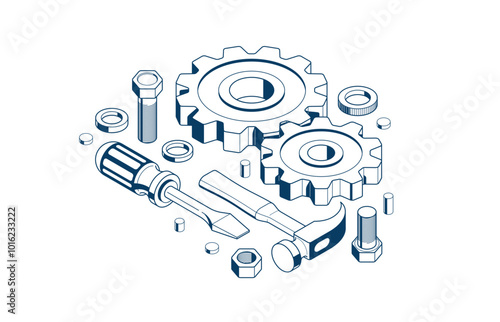 Repair and maintenance concept, technics service, gears and tools in 3D isometric projection vector illustration, technical mechanical workshop.