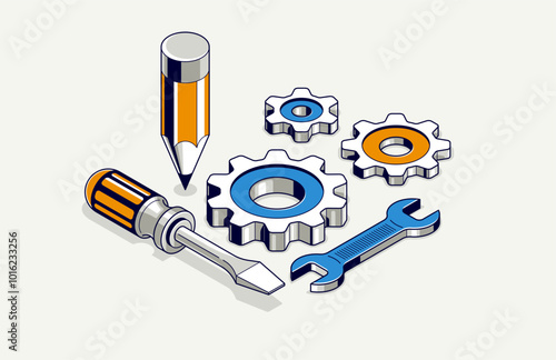 Engineering project in embodiment implementation concept, engine work progress, gears and cogs with pencil and tools, 3D isometric vector illustration.